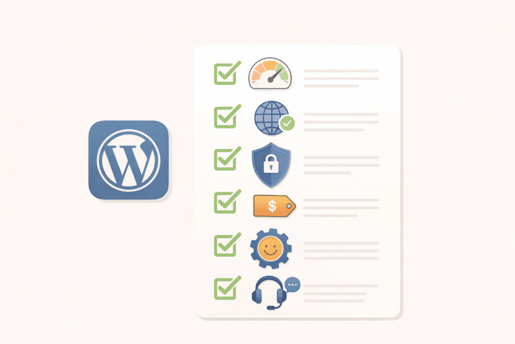 Checklist showing important WordPress hosting features like speed, security, pricing, and support
