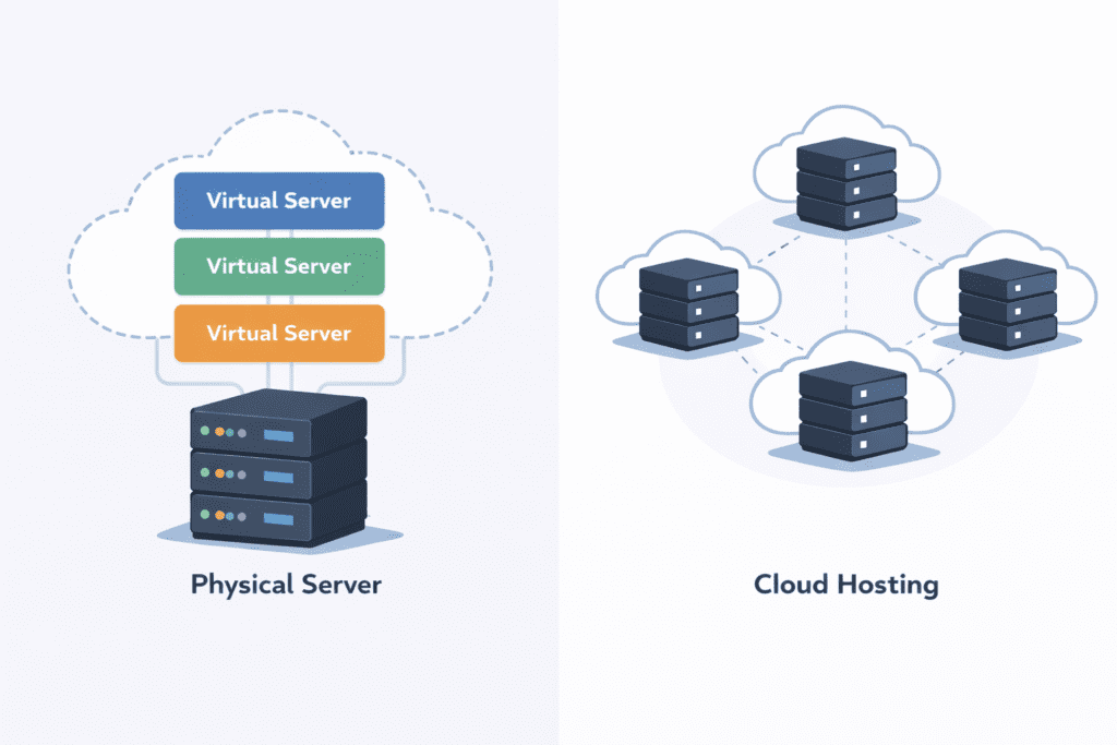 VPS virtual servers compared with cloud hosting network architecture