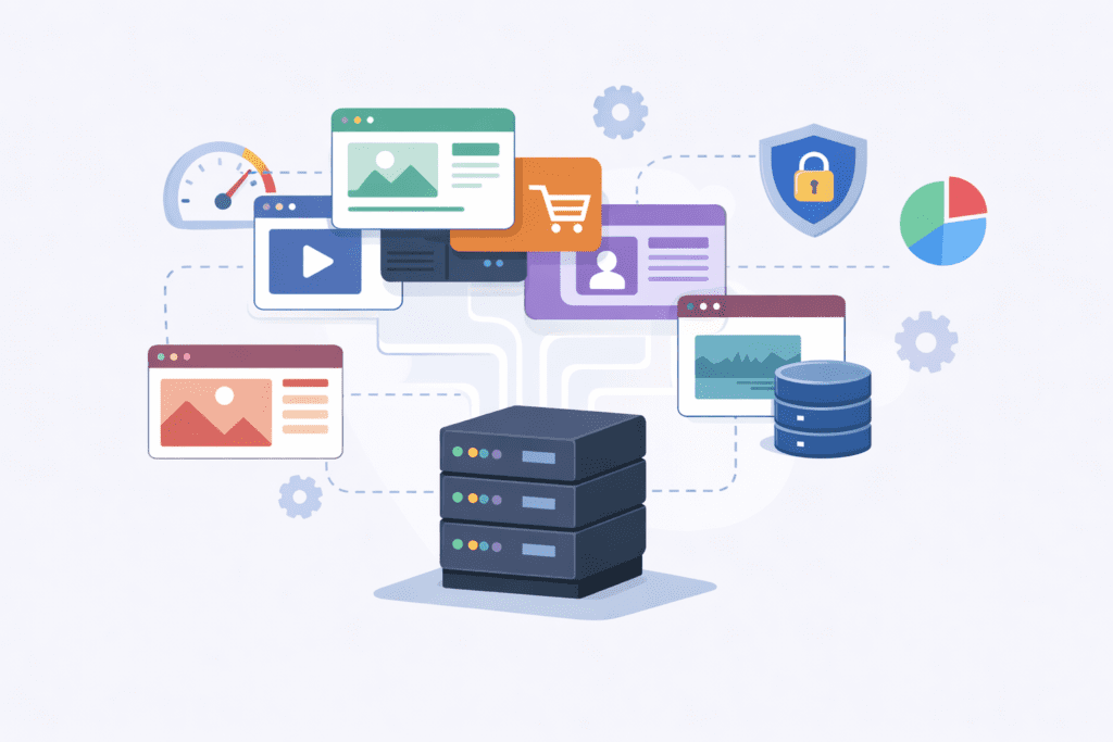 Shared hosting setup showing multiple websites connected to a single physical server.