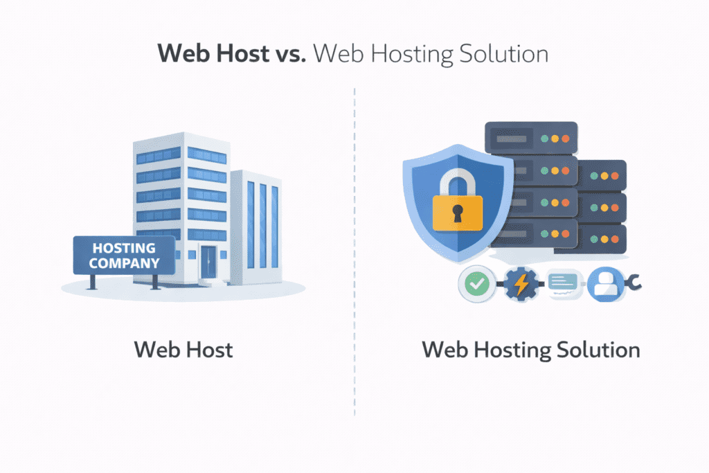 Web host vs web hosting solution comparison graphic with server and security icons
