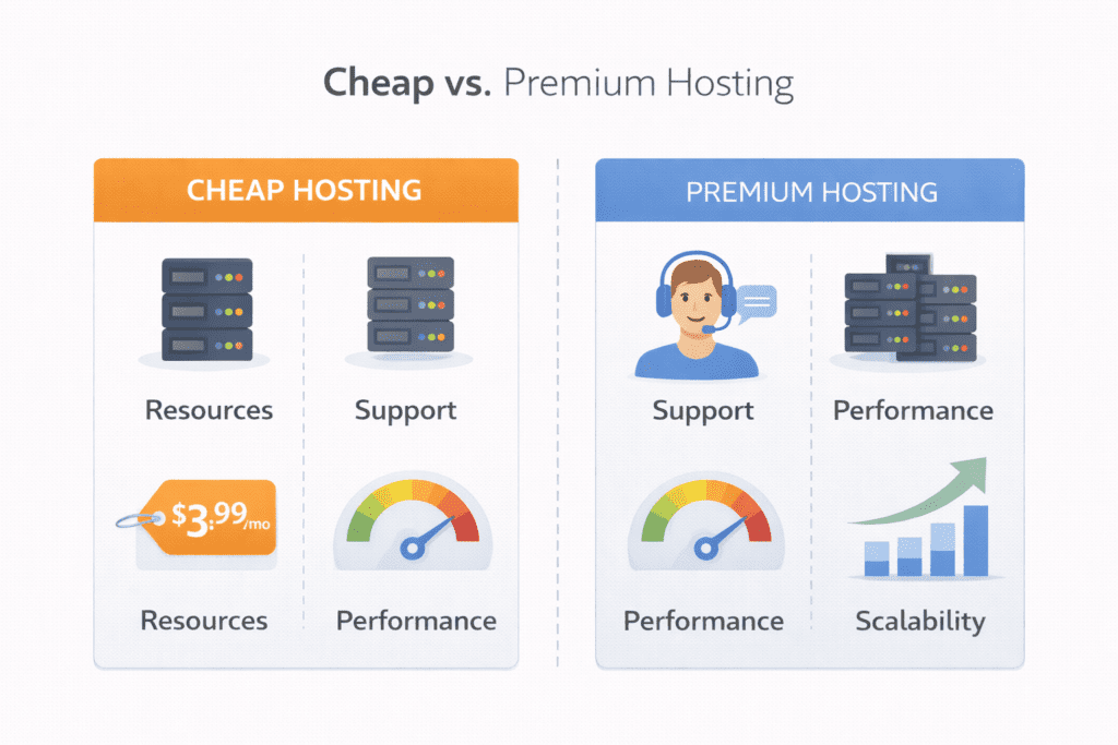 Cheap vs premium web hosting features side by side