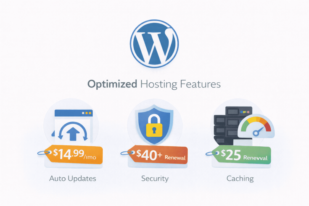 WordPress Hosting features like auto updates, security, and caching