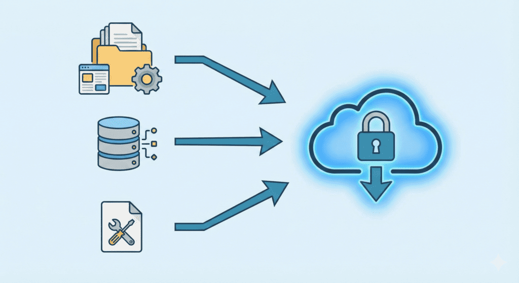 Backup works in web hosting backing up files, databases, and settings to the cloud