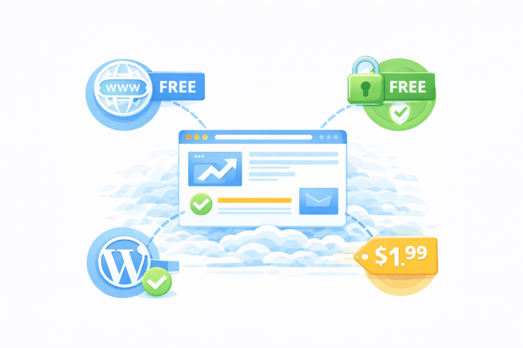 Cheap web host offering free domain, free SSL, WordPress, and $1.99 price
