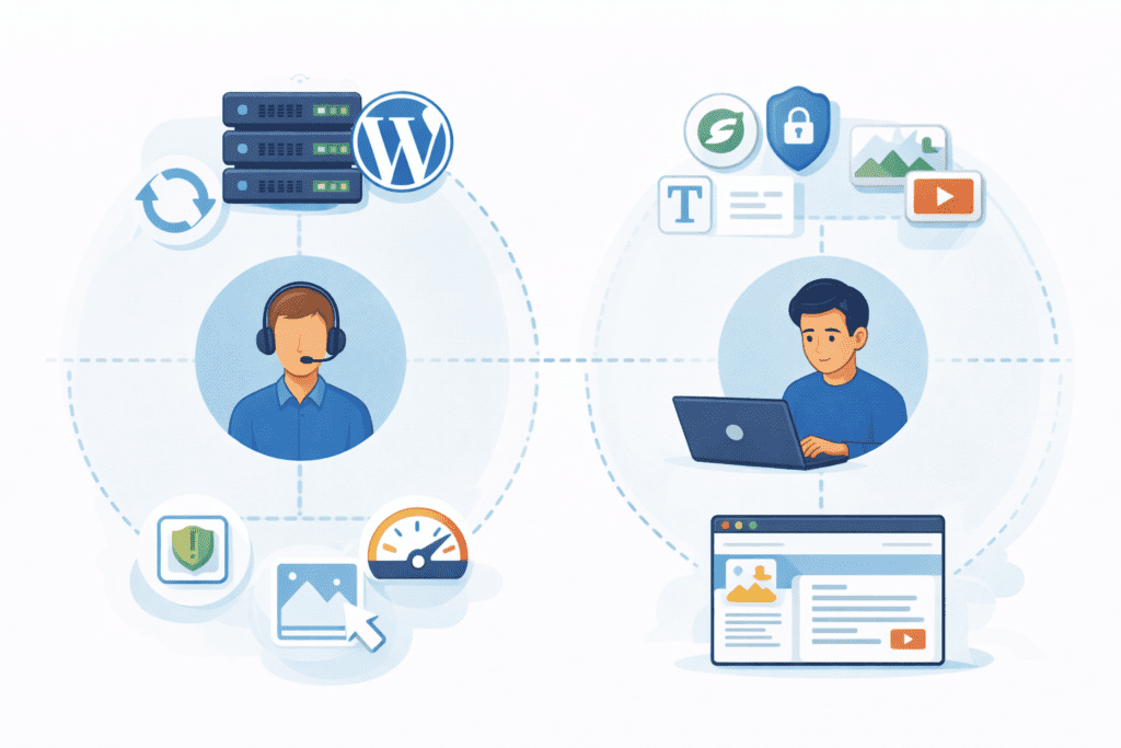 Managed WordPress hosting support with servers, monitoring, and users