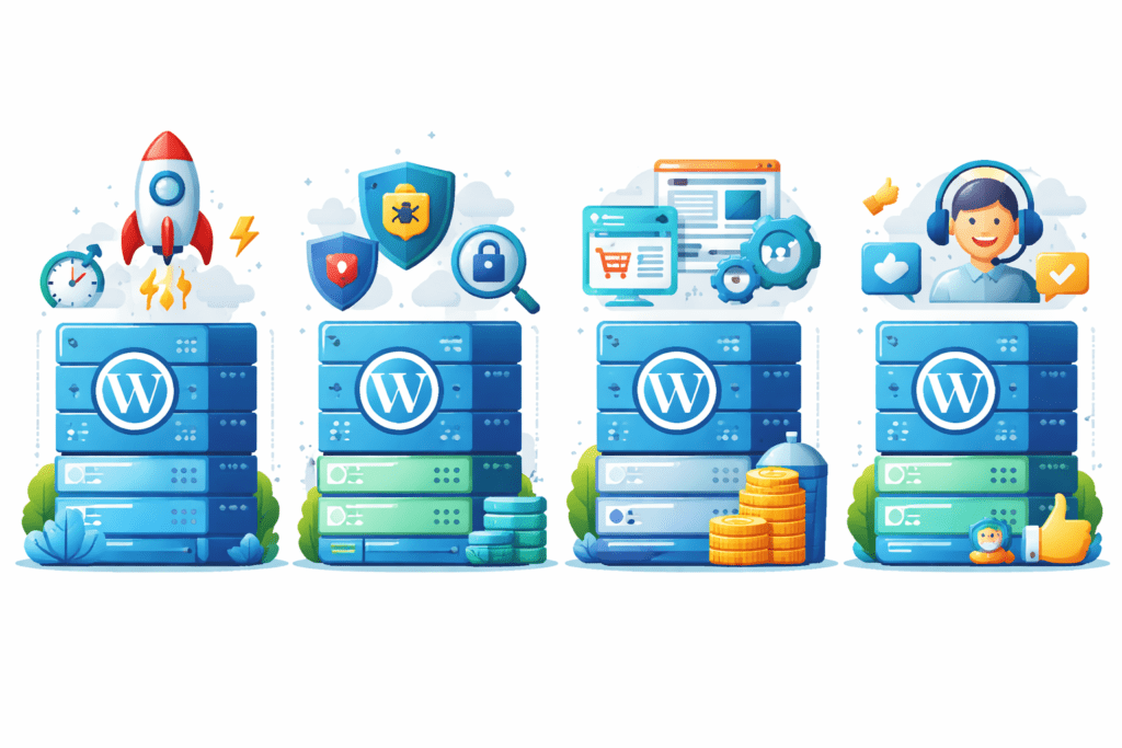 Illustration showing WordPress hosting benefits such as security, online store tools, and customer support