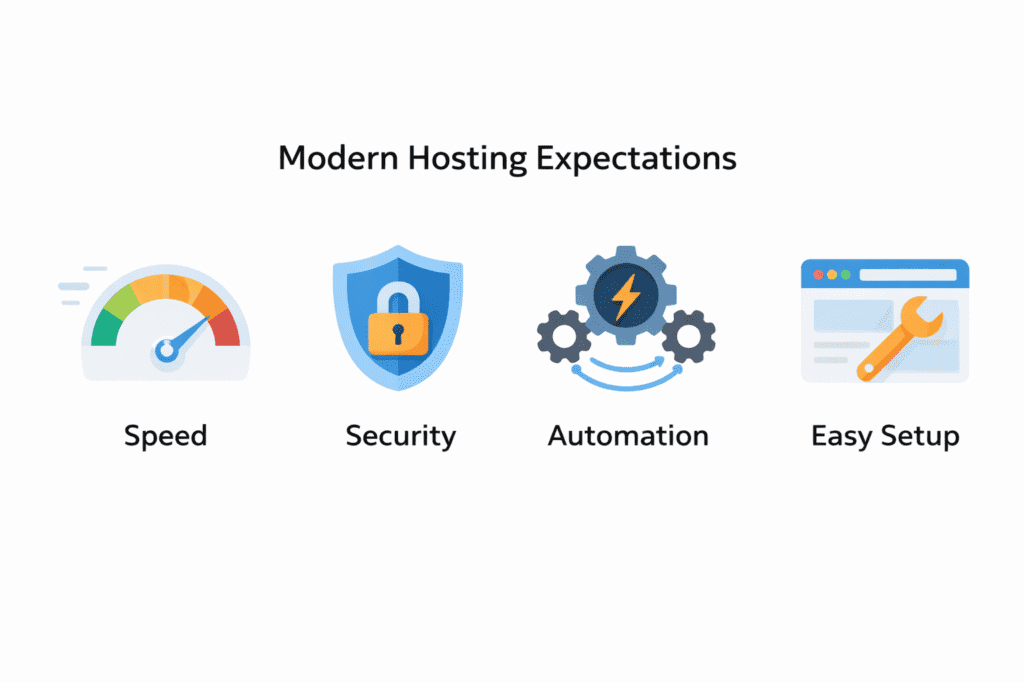 Icons showing speed, security, automation, and easy setup for web hosting