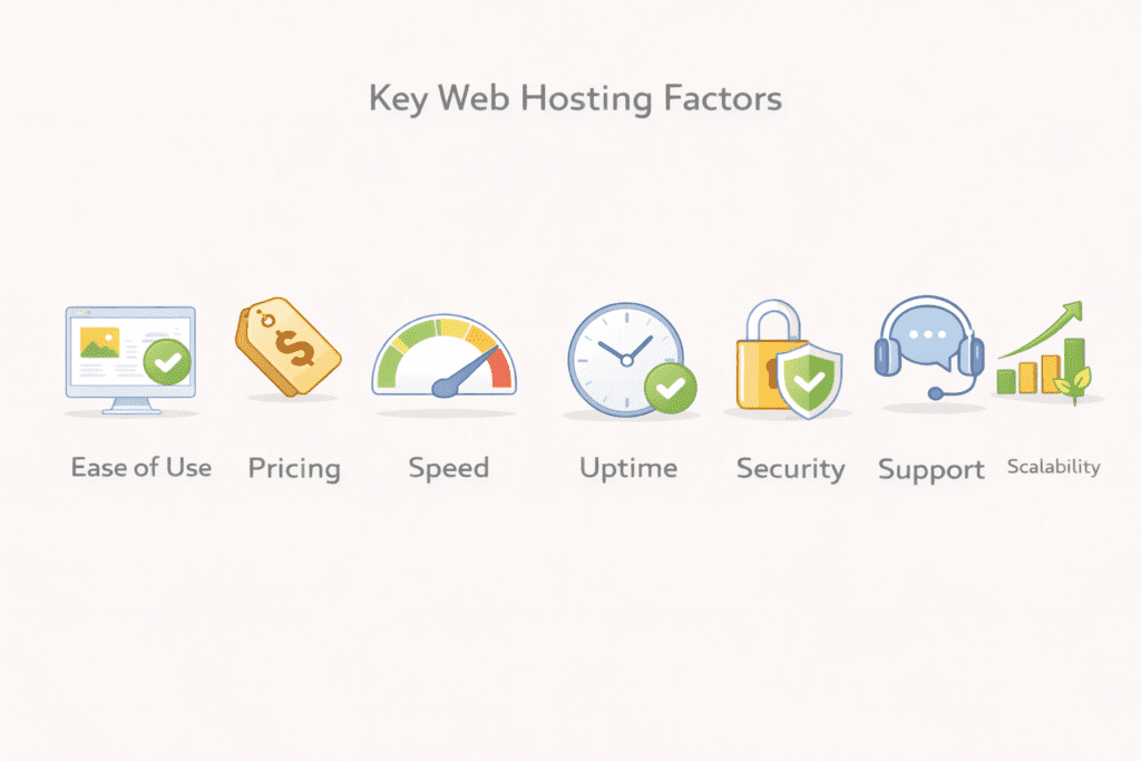 Icons showing ease of use, pricing, speed, uptime, security, support, and scalability