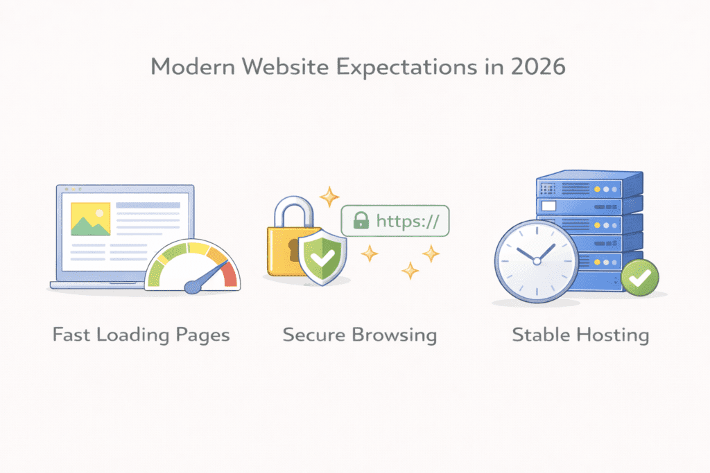 Modern website expectations showing speed, secure browsing, and stable hosting