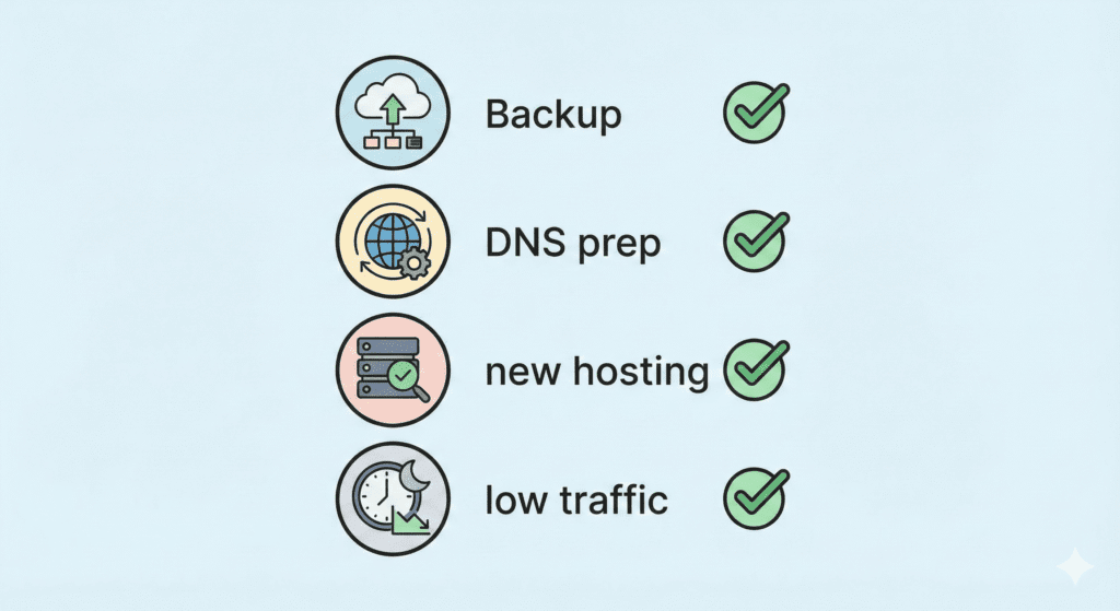 Hosting migration checklist including backup DNS and low traffic timing