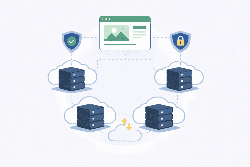 Cloud hosting network showing websites running on multiple servers
