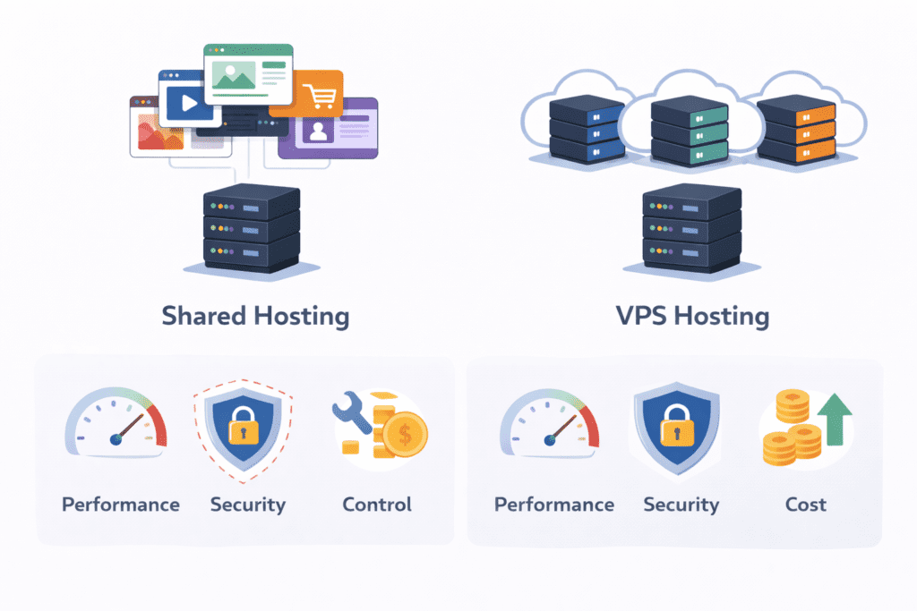 VPS hosting and shared hosting comparison chart highlighting performance, security, and cost differences.