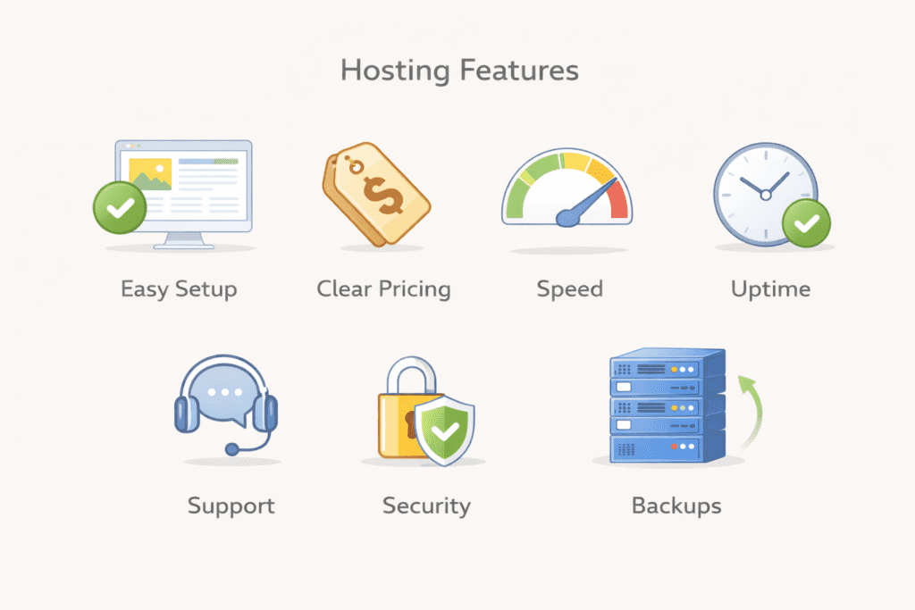 Web hosting features like easy setup, pricing, speed, uptime, and security