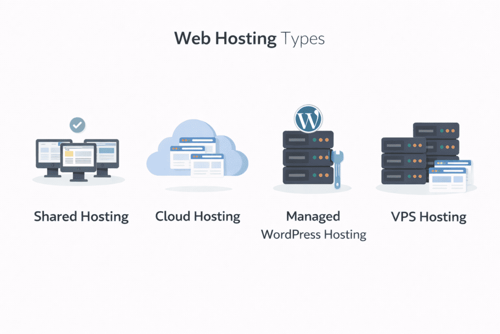 Shared, cloud, managed WordPress, and VPS web hosting types
