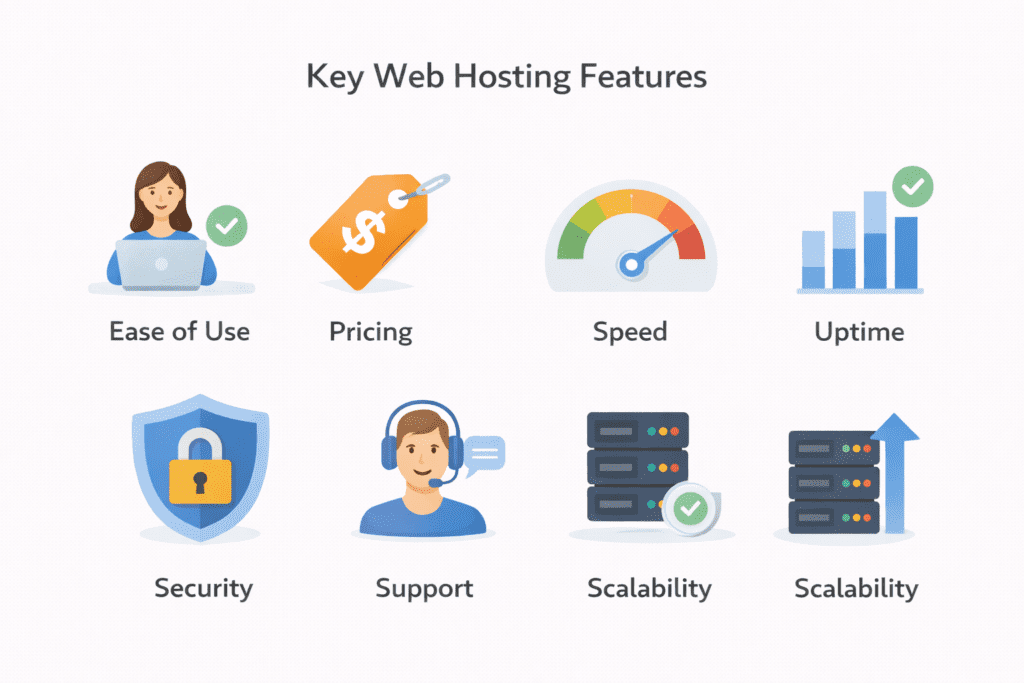 Key web hosting solution features including speed, uptime, security, and support
