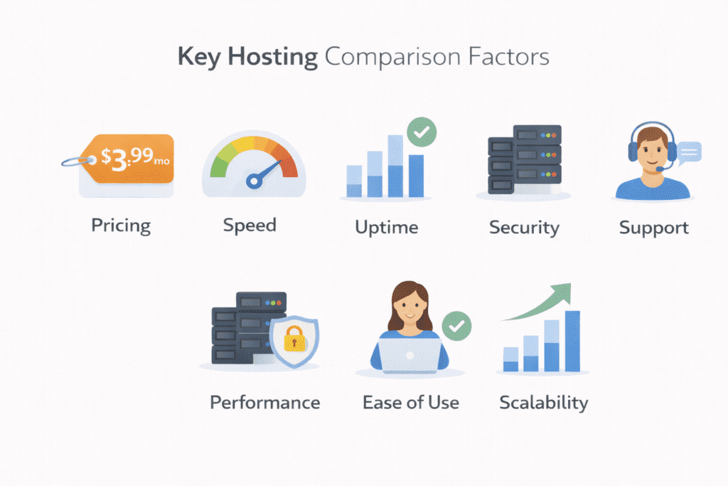 Pricing, speed, uptime, security, and support icons for hosting