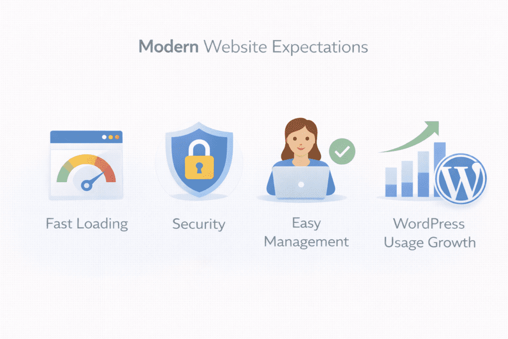 Fast loading, security, easy management, and WordPress growth icons