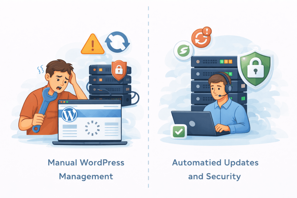 Manual WordPress management compared to automated managed hosting