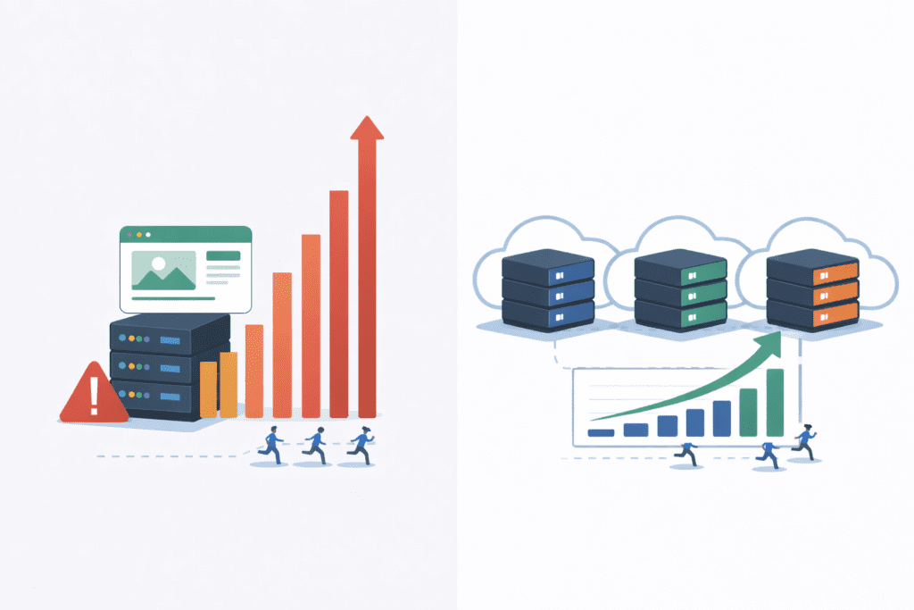 Website traffic growth comparison showing shared hosting struggling with high visitors while VPS hosting scales smoothly.