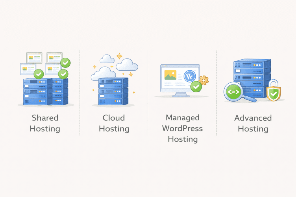 Shared, cloud, WordPress, and advanced web hosting types