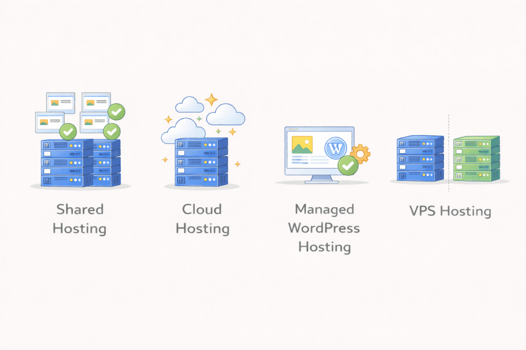 Different web hosting solution types including shared, cloud, managed WordPress, and VPS hosting