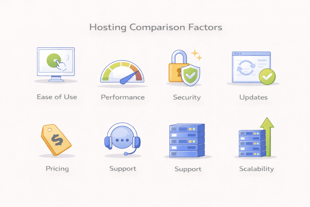 Ease of use, performance, security, updates, pricing, and support icons