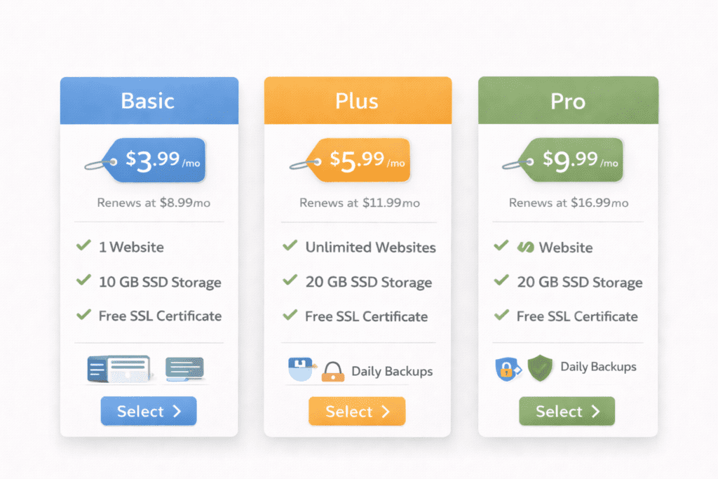 Web hosting pricing comparison with basic, plus, and pro plans