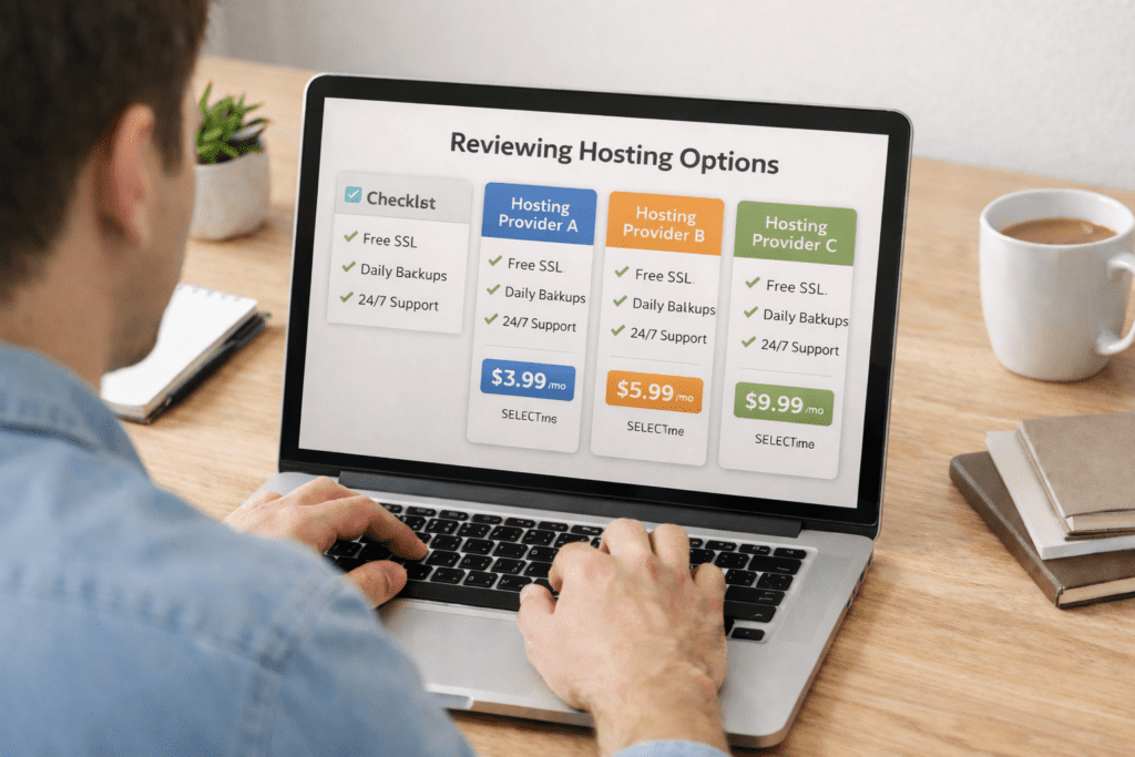 Beginner reviewing web hosting solution options with feature checklist on laptop