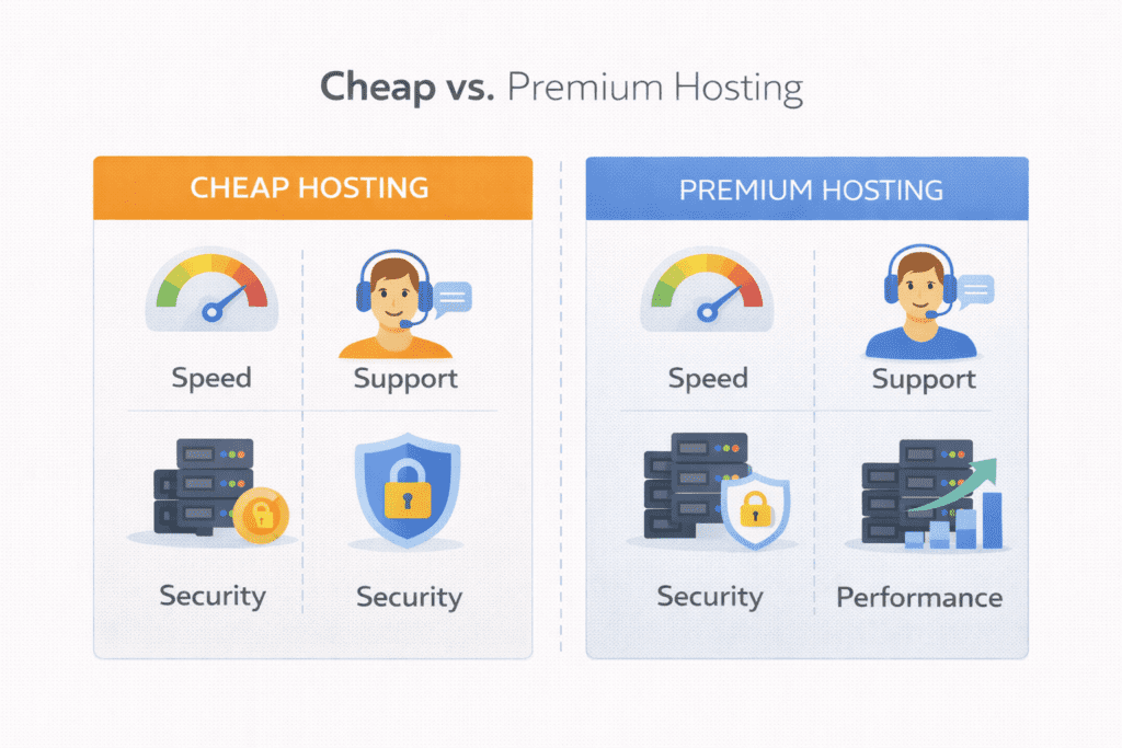Speed, support, security, and performance in cheap vs premium hosting