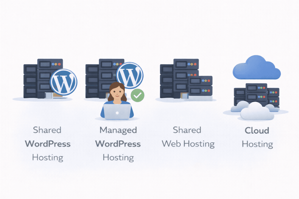 Shared WordPress, managed WordPress, shared web hosting, and cloud hosting