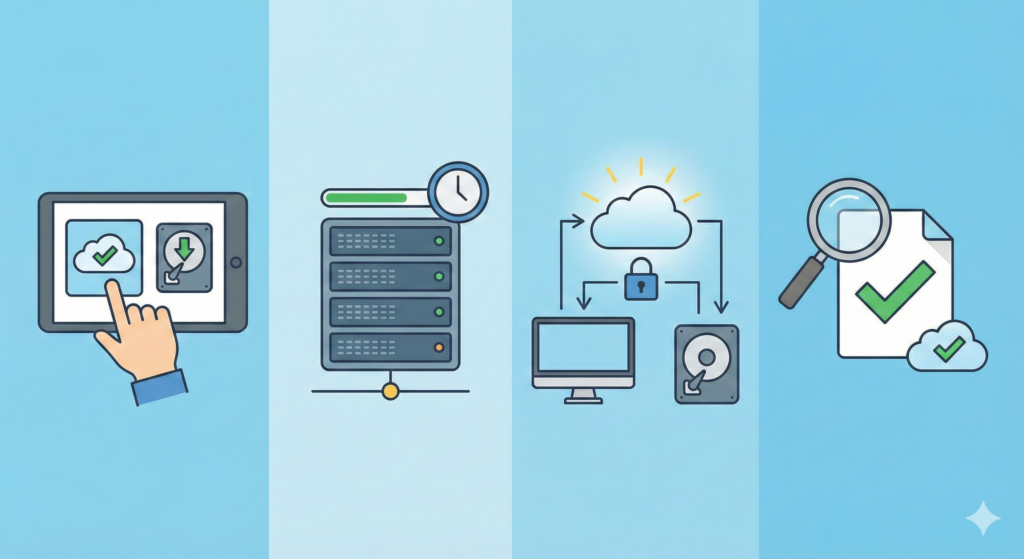 Backup works in web hosting with automatic backups and monitoring tools