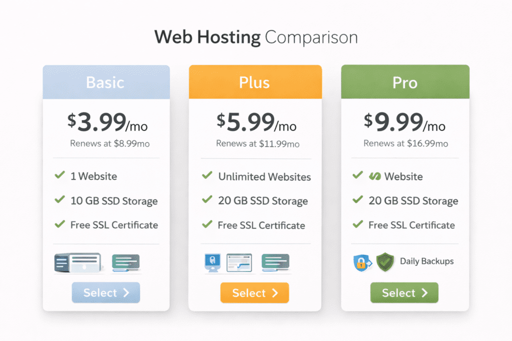 Basic, Plus, and Pro web hosting plans with pricing and features