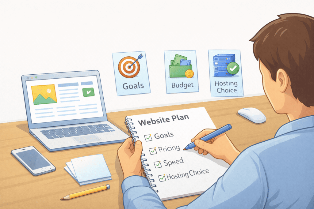 Beginner writing a website plan and web hosting checklist at a desk