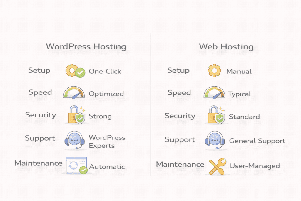 WordPress Hosting vs Web Hosting setup, speed, security, and support comparison