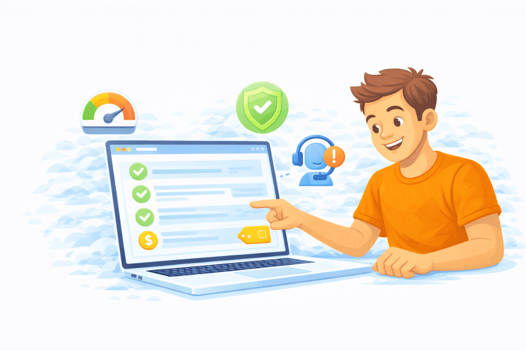 Beginner reviewing cheap web host features like speed, security, and support