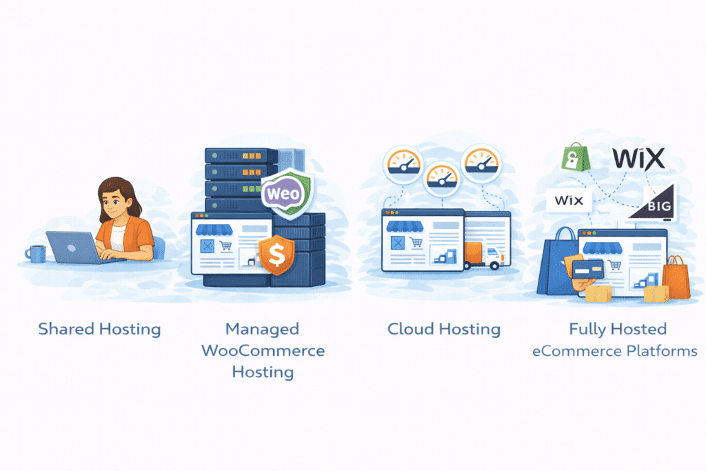 Different types of hosting for e-commerce including shared, managed WooCommerce, cloud, and hosted platforms