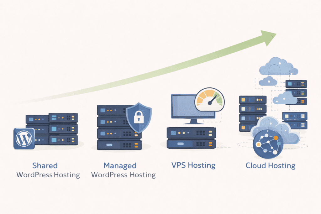 Diagram comparing shared, managed, VPS, and cloud WordPress hosting options