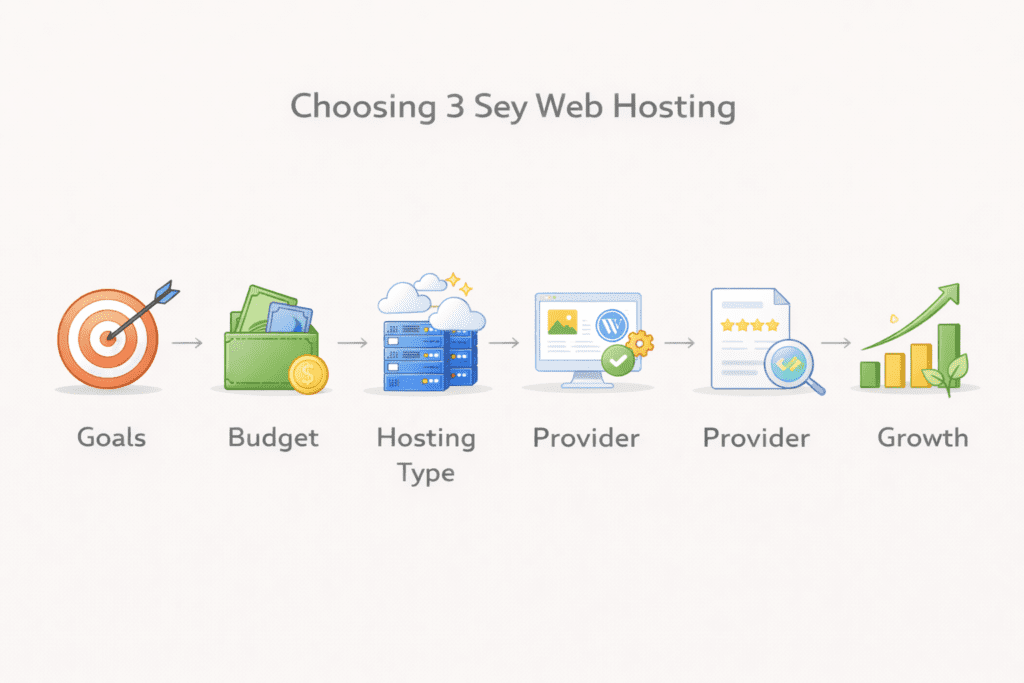 Steps showing how beginners choose a web hosting provider