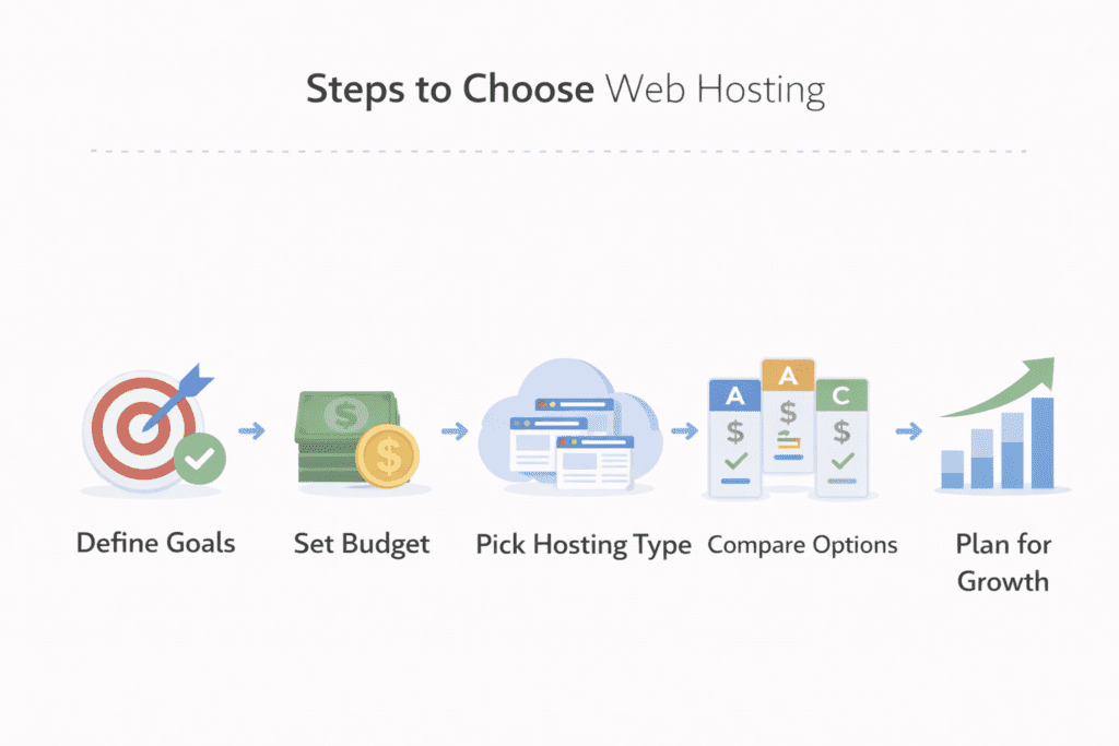 Steps to choose the right web hosting solution including goals, budget, and growth