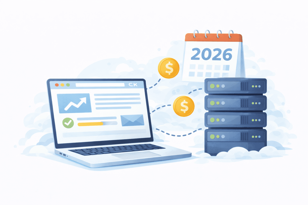 How much does website hosting cost in 2026 shown with laptop and servers