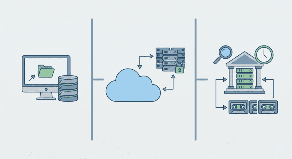 Backup works in web hosting connecting website to backups, security, and recovery tools