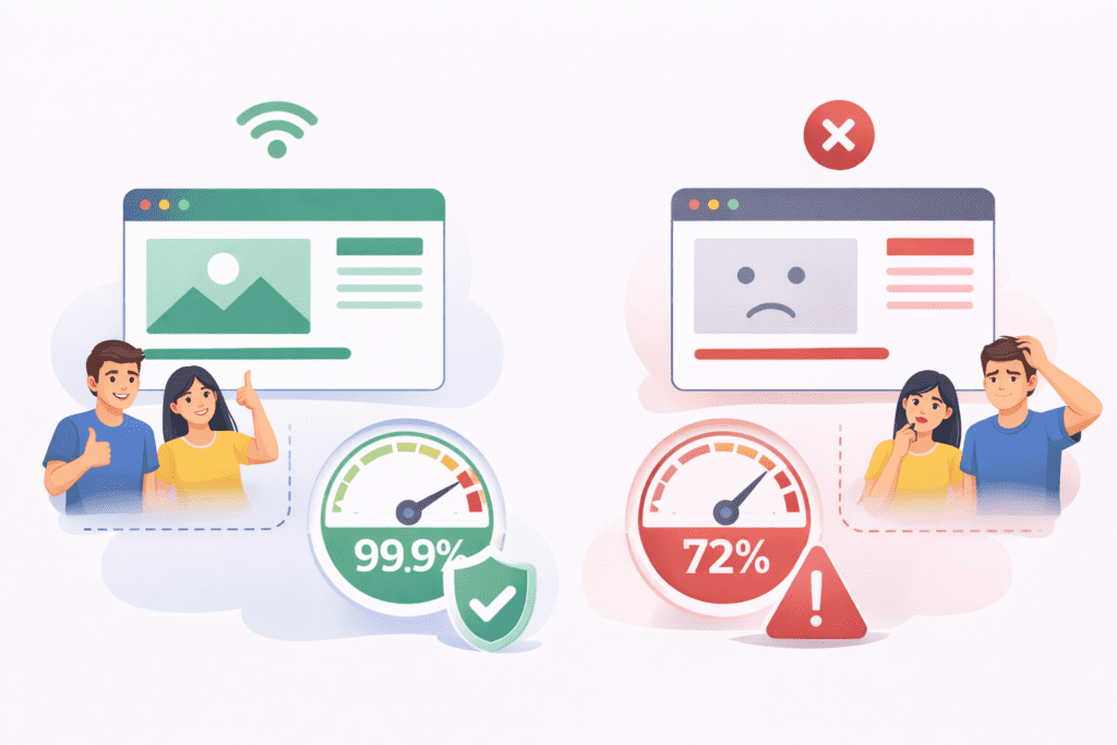 Illustration comparing fast website uptime and poor hosting performance