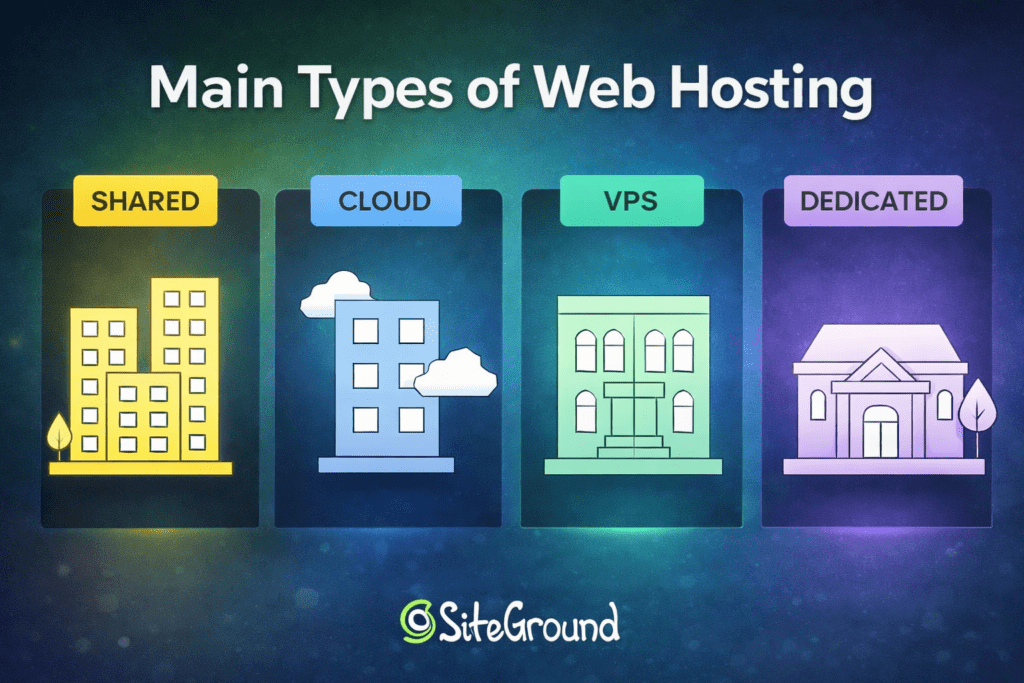 Diagram showing shared, cloud, VPS, and dedicated web hosting types