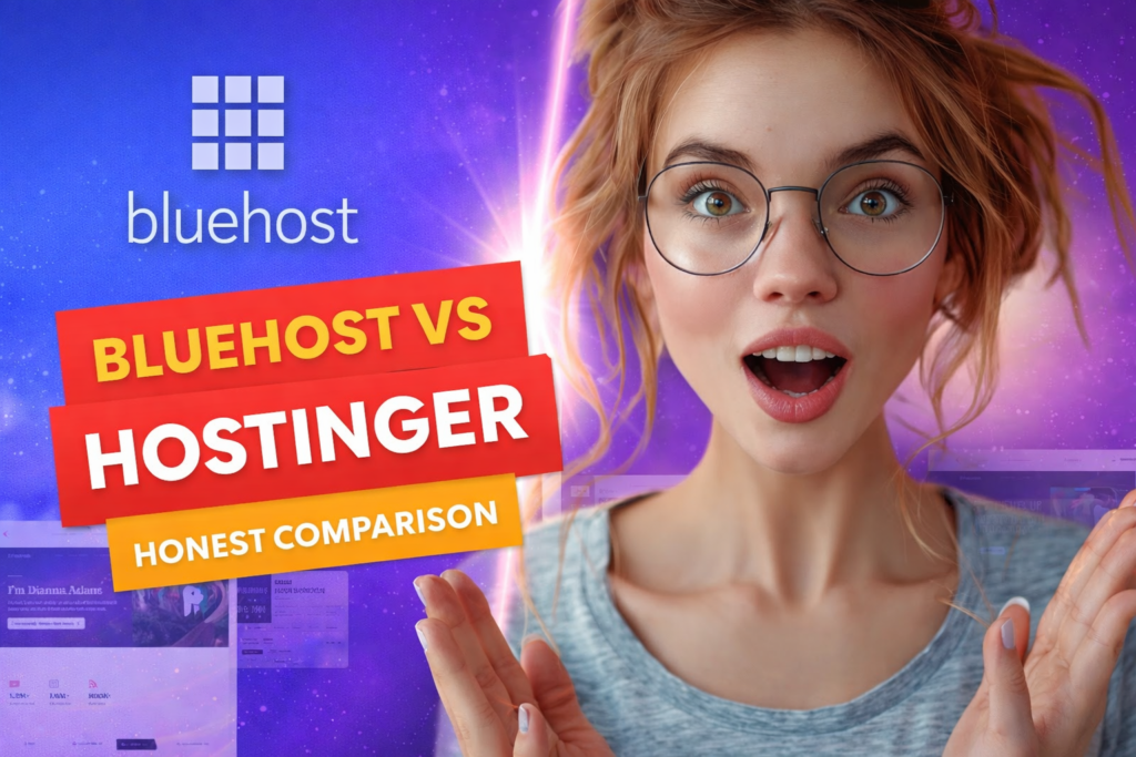 Bluehost vs Hostinger honest comparison thumbnail with a surprised user