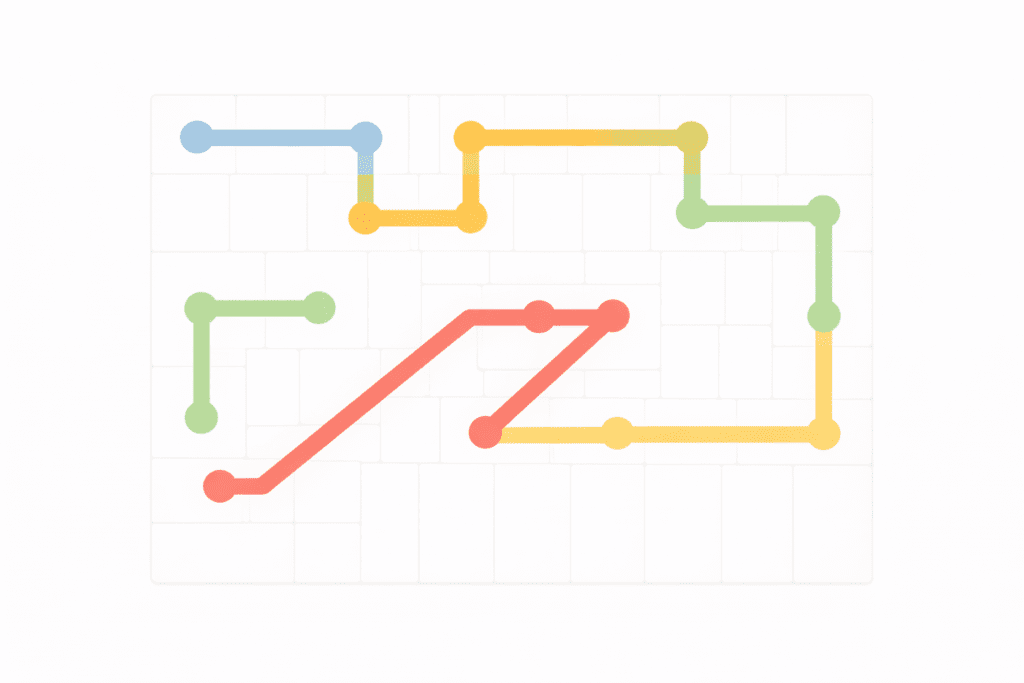 NYT Strands puzzle grid with colorful connected paths for February 07, 2026.