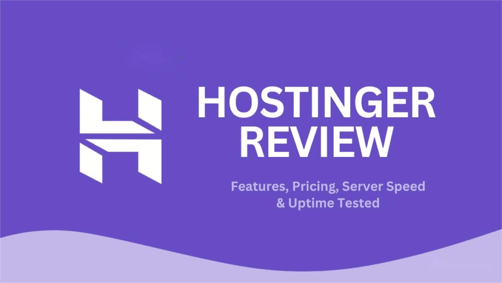 Hostinger review banner showing features, pricing, and uptime
