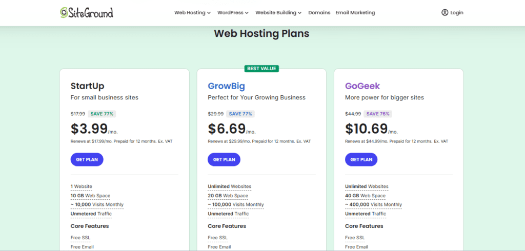 SiteGround web hosting plans and pricing for new websites