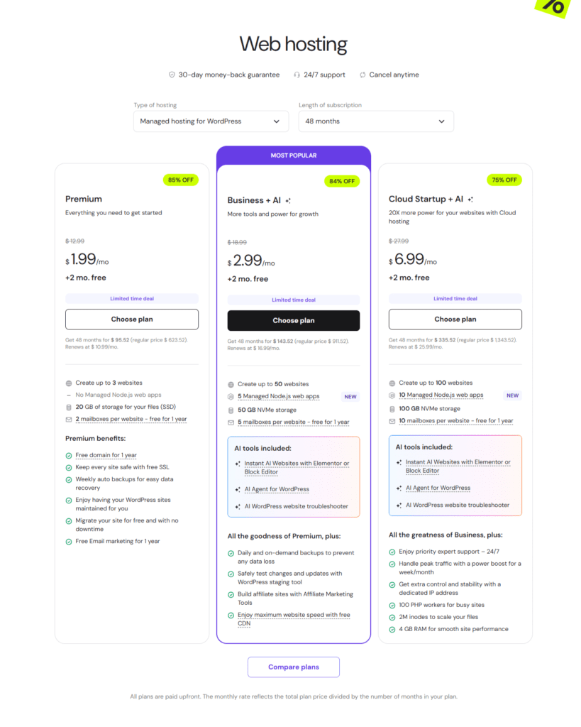 Hostinger WordPress hosting plans with AI tools and performance features