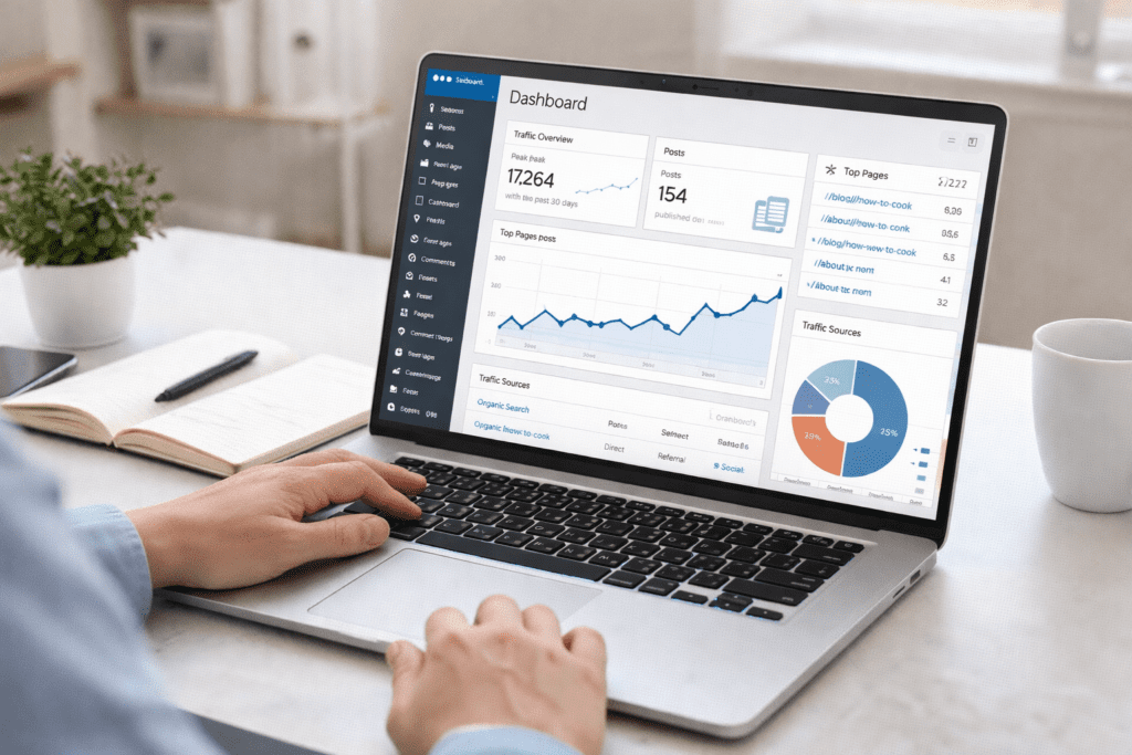 Person viewing WordPress website analytics dashboard on a laptop.