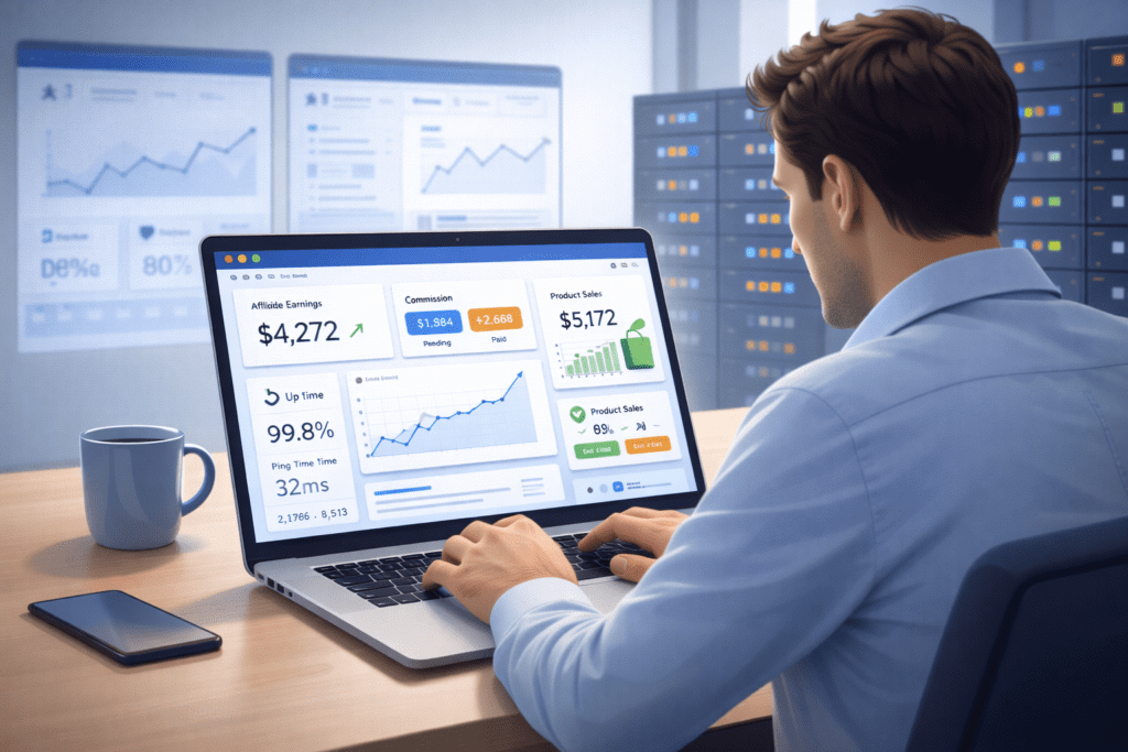 Affiliate marketer reviewing earnings, uptime, and website performance on a hosting dashboard
